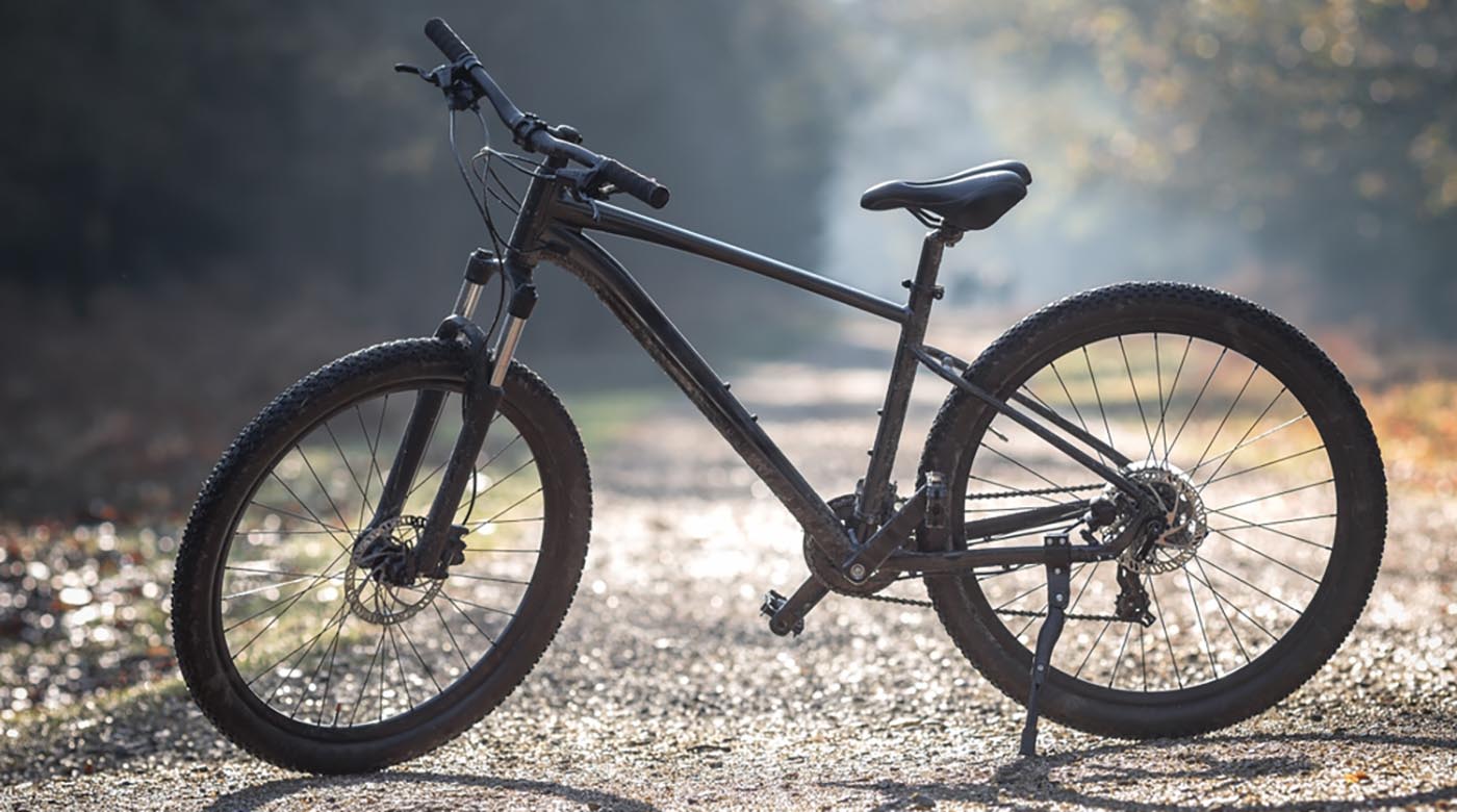 mountain bike rests on sun dappled path