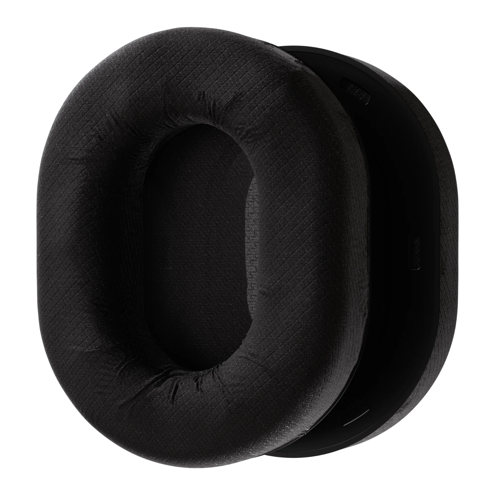 Black earphone cushions on a white background