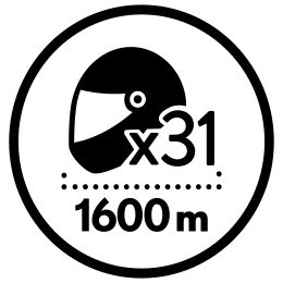 A black and white circular graphic showing a motorcycle helmet icon with 'x31' and '1600 m' text inside a dotted line.
