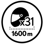 A black and white circular graphic showing a motorcycle helmet icon with 'x31' and '1600 m' text inside a dotted line.