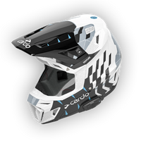 Cardo Venture off-road motorcycle helmet in white and blue, three-quarter front angle