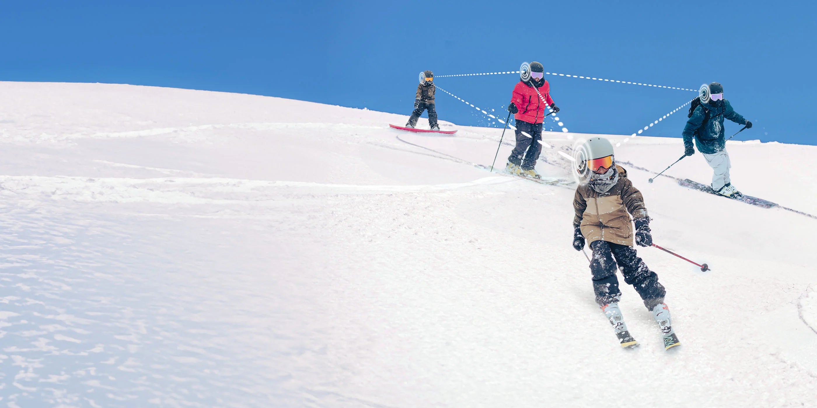 4 people connected while skiing