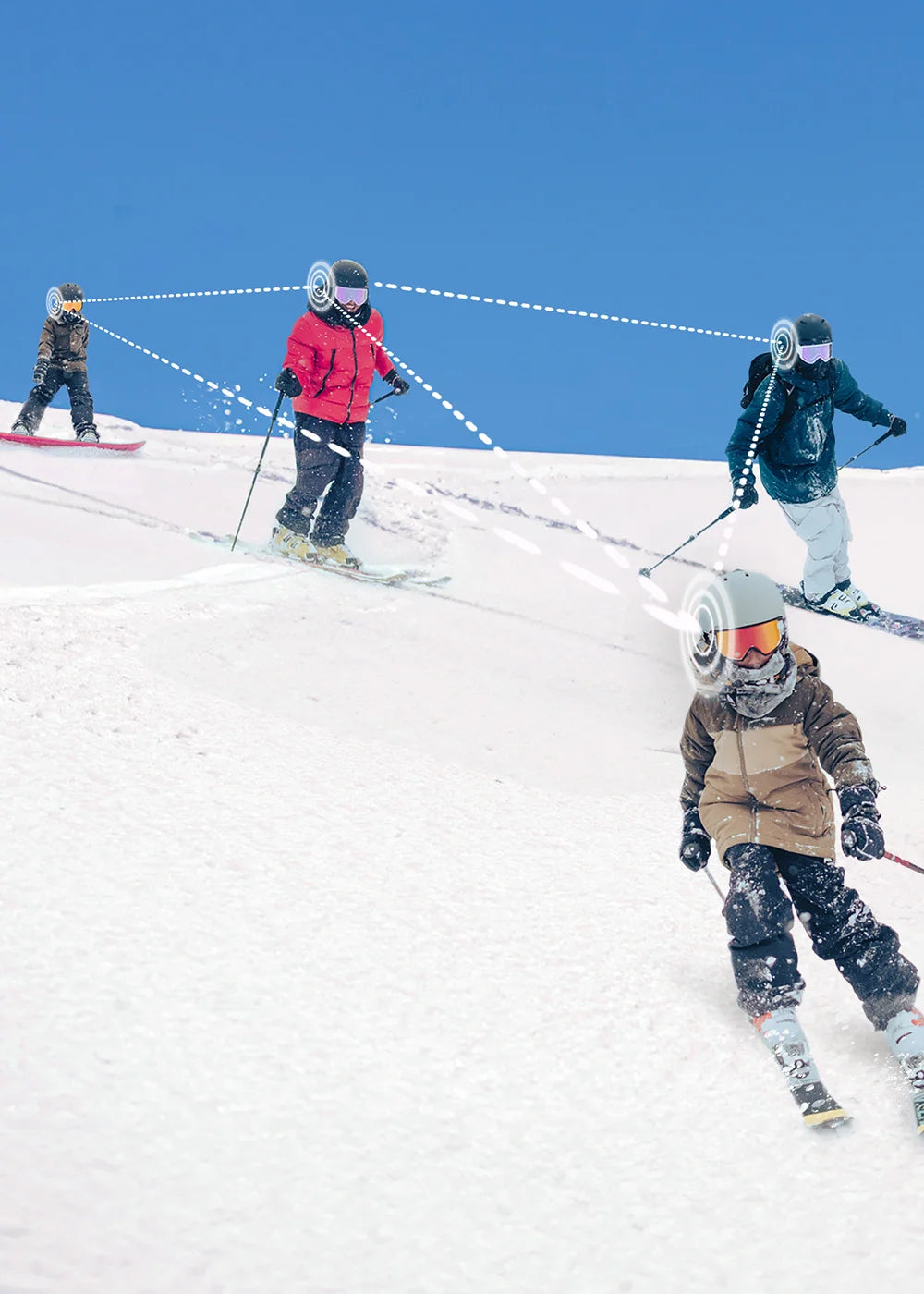 4 people skiing together