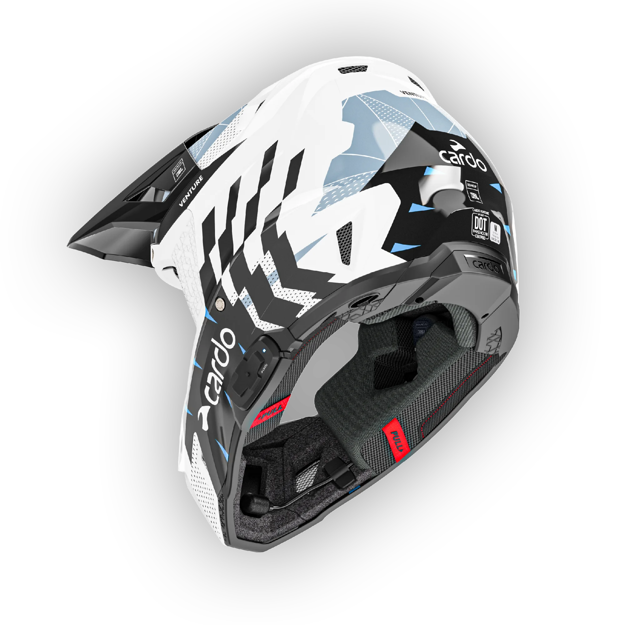 Cardo Venture off-road motorcycle helmet in white and blue, three-quarter rear angle