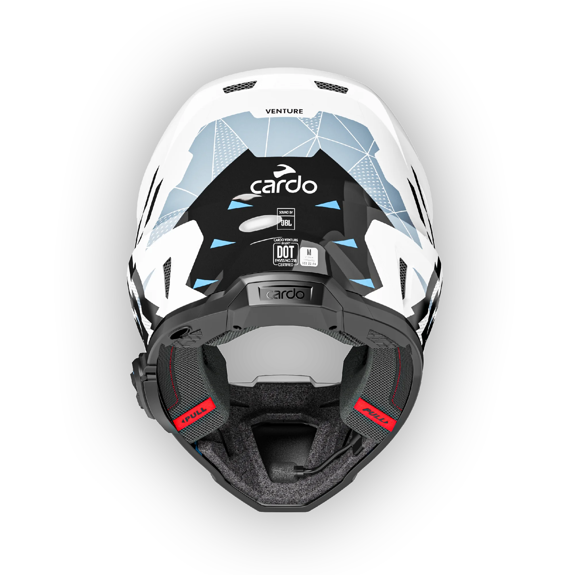 Cardo Venture off-road motorcycle helmet in white and blue, bottom underside view
