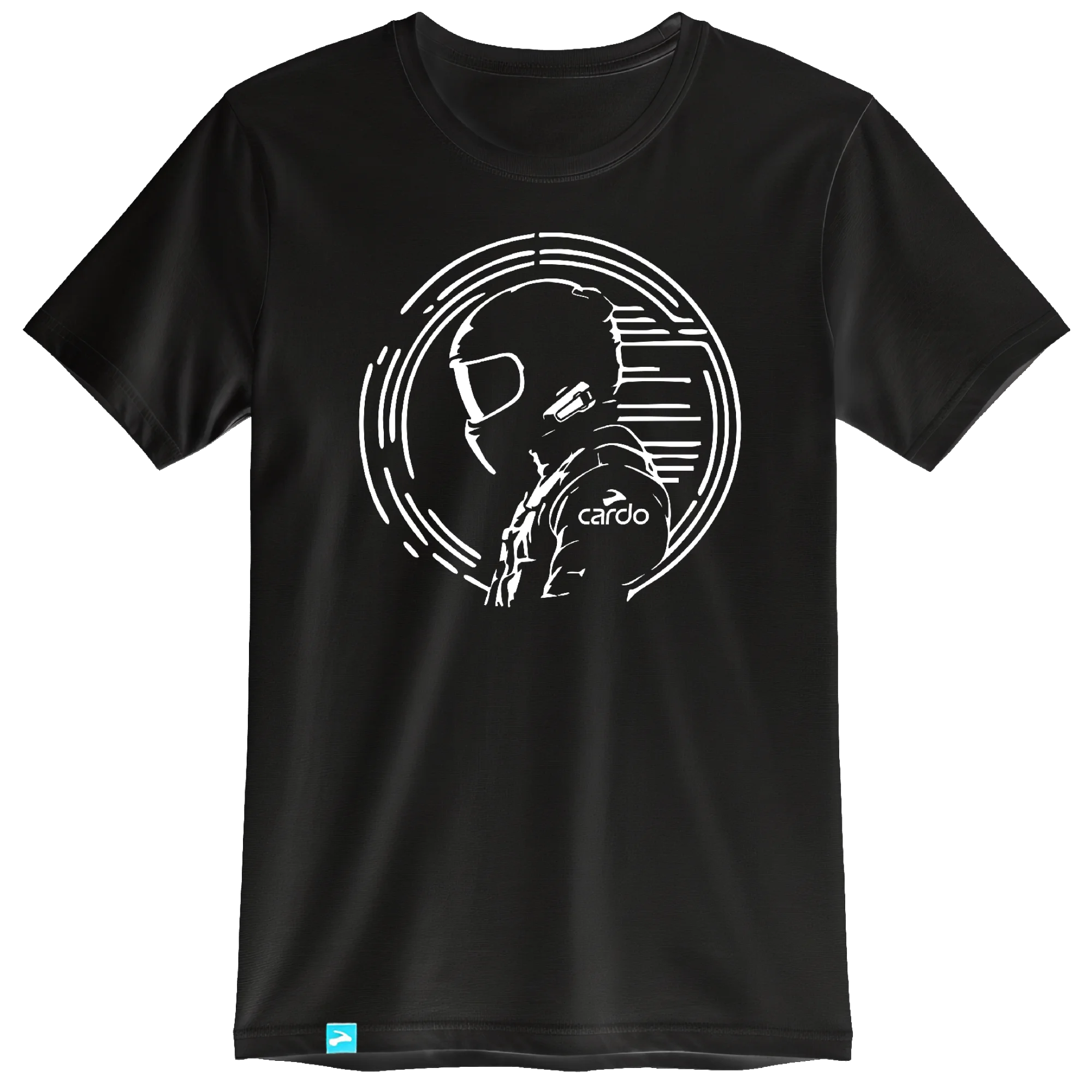 Cardo branded cotton T-shirt in black with rider helmet graphic print, front view