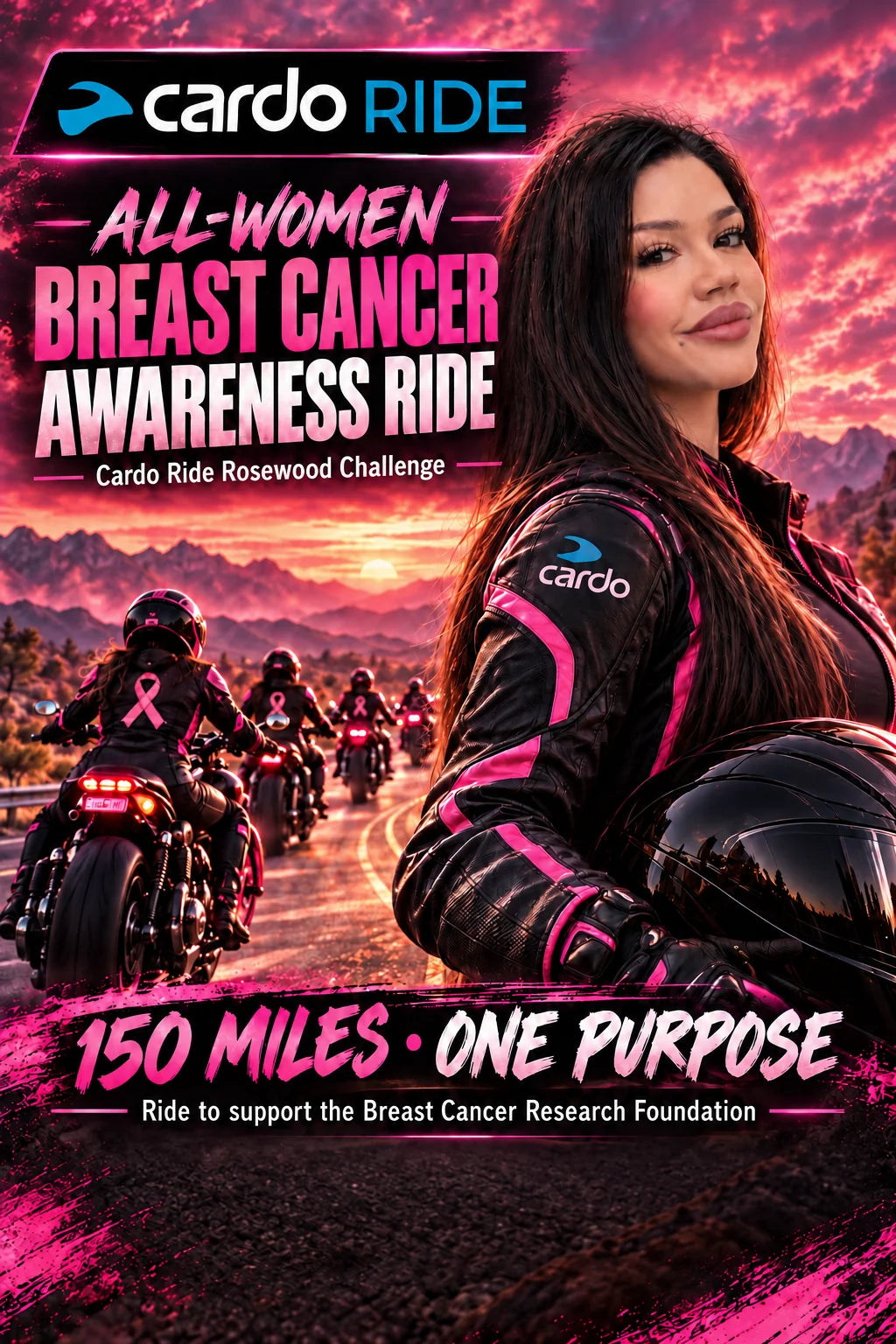 Cardo Ride all-women breast cancer awareness ride poster for the Rosewood Challenge, with the message “150 miles. One purpose.”